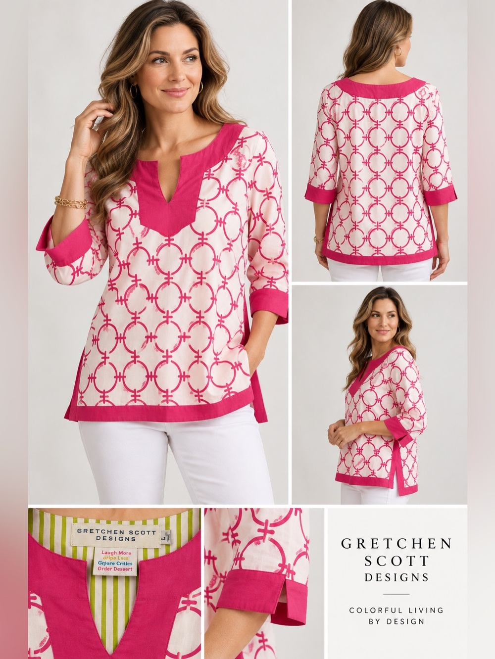 Gretchen Scott Designs Pink White Geometric Tunic Top Size L